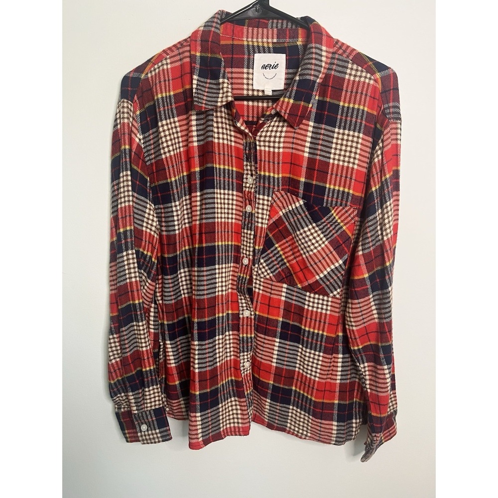 Aerie Wm Med Plaid Button Up Long Sleeve Red Blue Yellow White Fall Autumn Camp